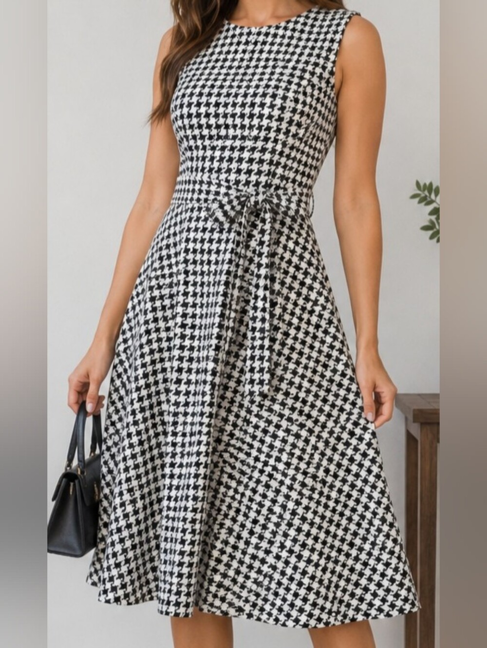 Calvin Klein Houndstooth Fit & Flare Dress Size 10 Black White Belted Sleeveless